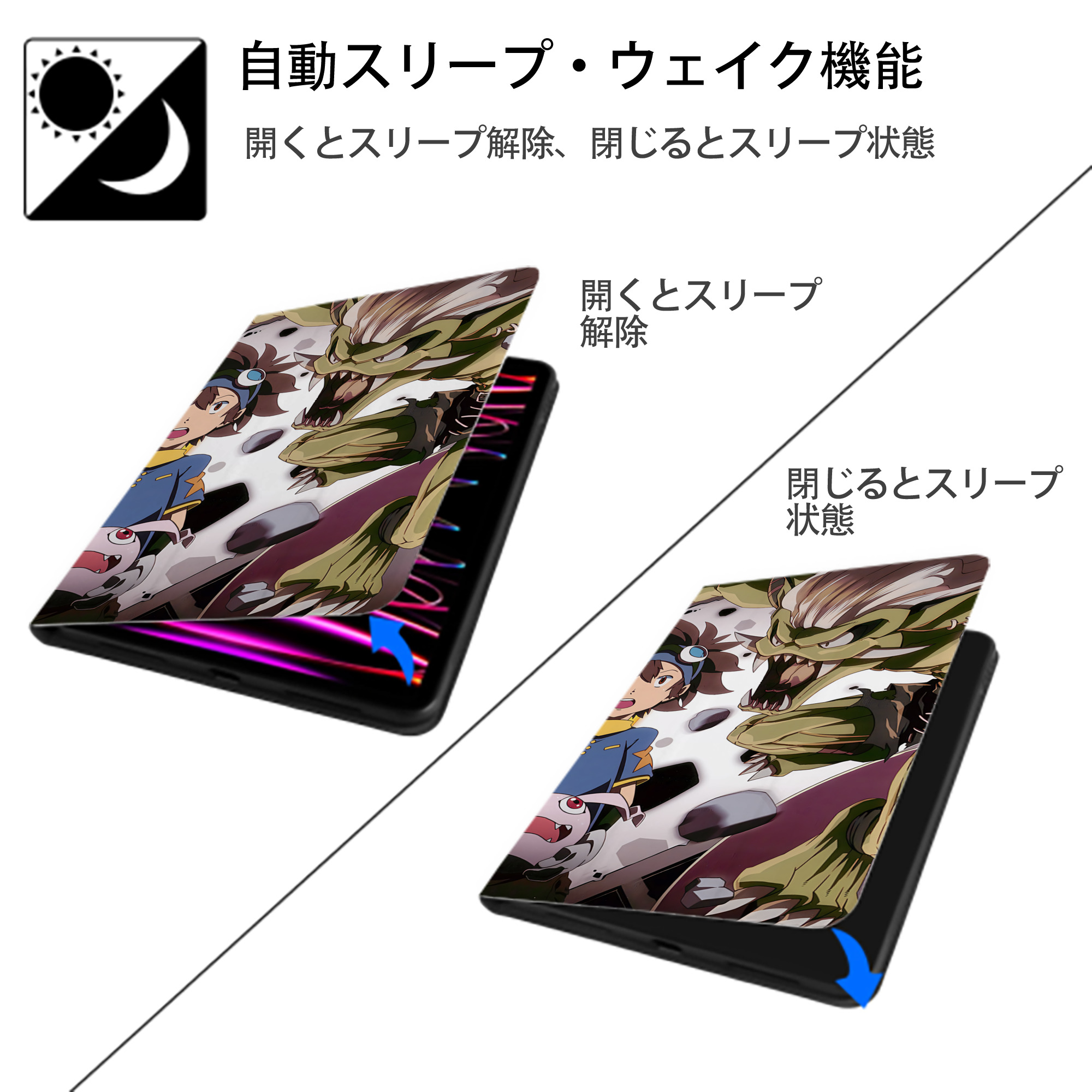 Digimon デジタルモンスター/デジモン IPad ケース ブック型 PUレザー TPU 耐衝撃 軽量 薄型 ペン収納なし 全面保護 IPad 各モデル対応