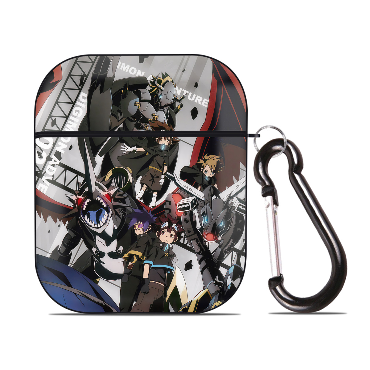 （画像用） Digimon デジタルモンスター/デジモン AirPods 第2世代保護ケース ハードシェル ブラック 耐衝撃・防指紋・カラビナ付き