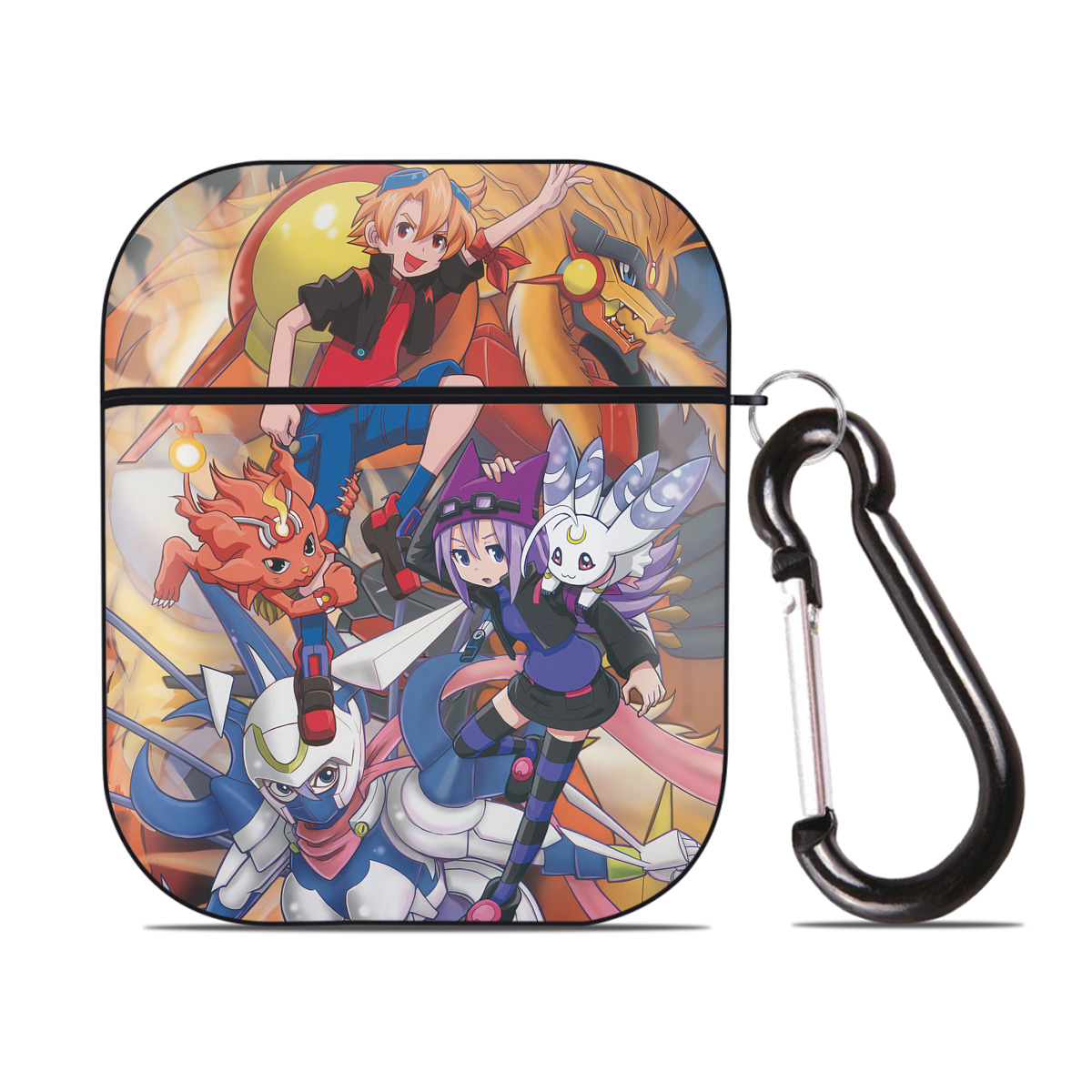（画像用） Digimon デジタルモンスター/デジモン AirPods 第2世代保護ケース ハードシェル ブラック 耐衝撃・防指紋・カラビナ付き