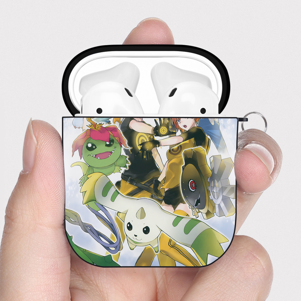 （画像用） Digimon デジタルモンスター/デジモン AirPods 第2世代保護ケース ハードシェル ブラック 耐衝撃・防指紋・カラビナ付き
