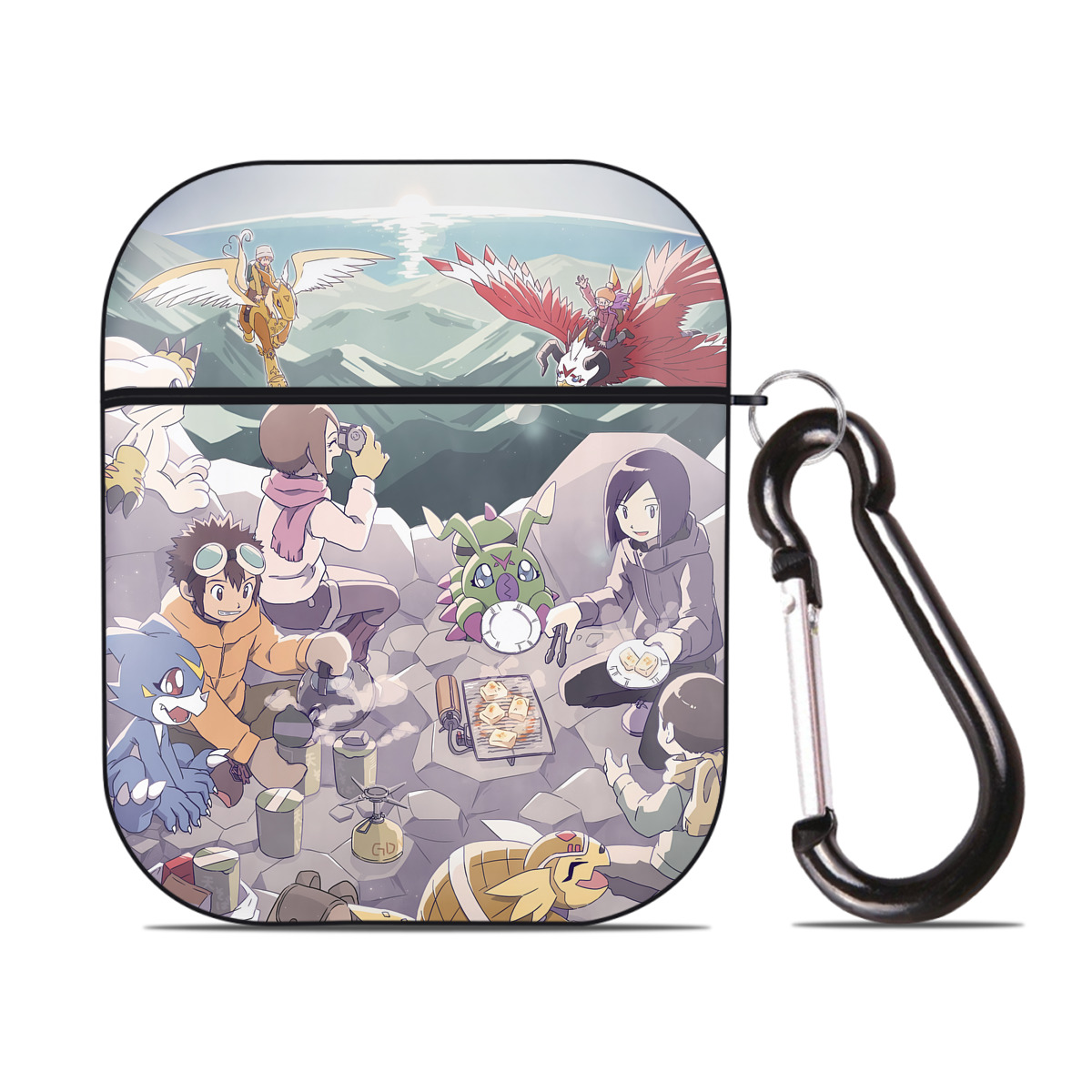（画像用） Digimon デジタルモンスター/デジモン AirPods 第2世代保護ケース ハードシェル ブラック 耐衝撃・防指紋・カラビナ付き