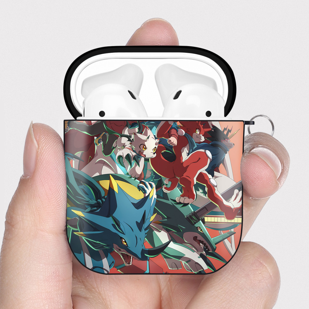 （画像用） Digimon デジタルモンスター/デジモン AirPods 第2世代保護ケース ハードシェル ブラック 耐衝撃・防指紋・カラビナ付き
