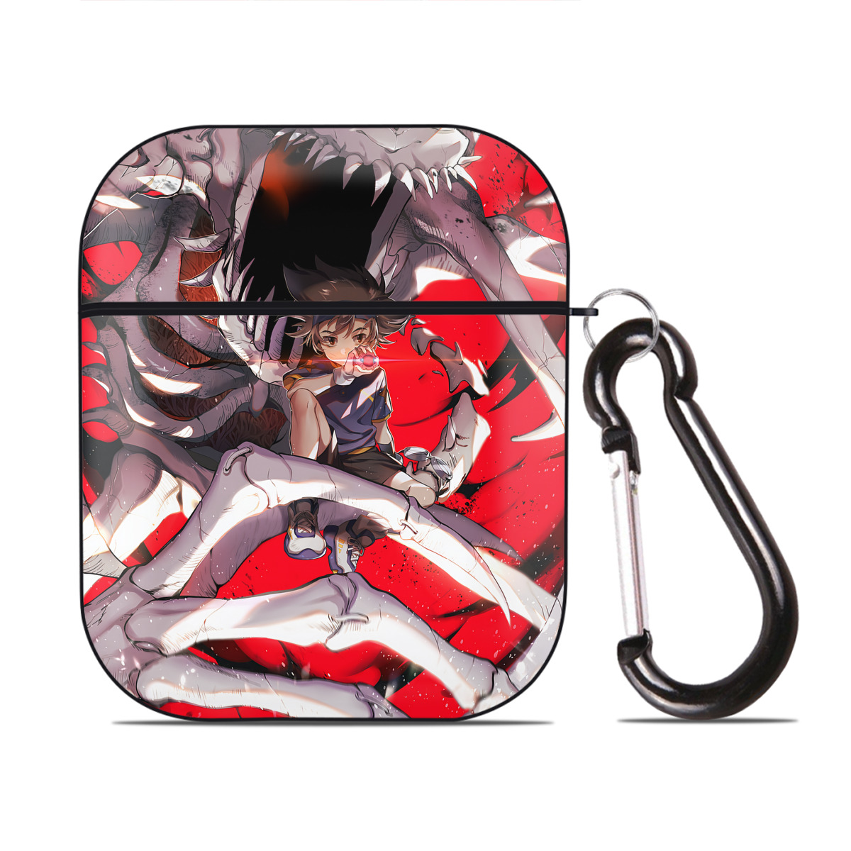 （画像用） Digimon デジタルモンスター/デジモン AirPods 第2世代保護ケース ハードシェル ブラック 耐衝撃・防指紋・カラビナ付き
