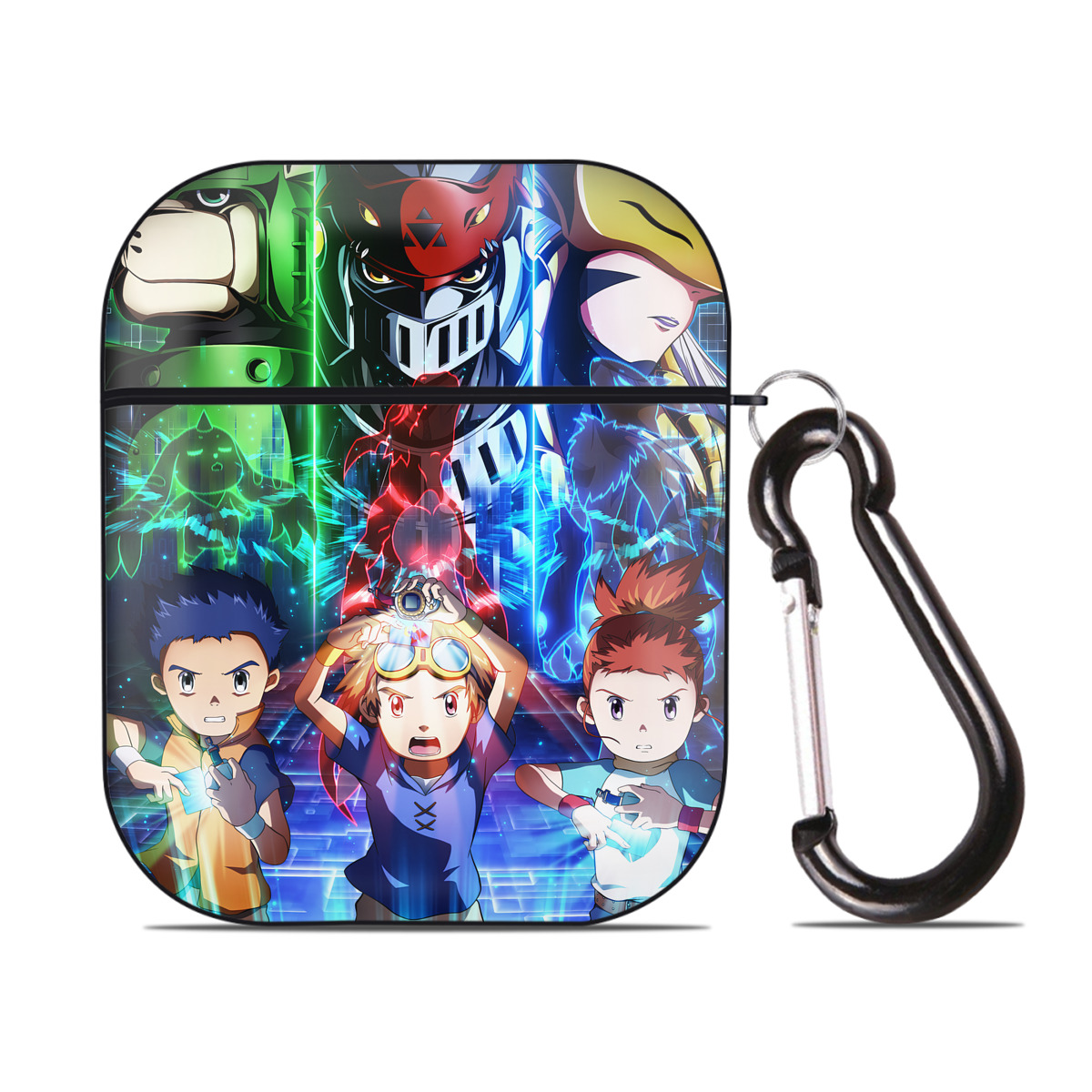 （画像用） Digimon デジタルモンスター/デジモン AirPods 第2世代保護ケース ハードシェル ブラック 耐衝撃・防指紋・カラビナ付き