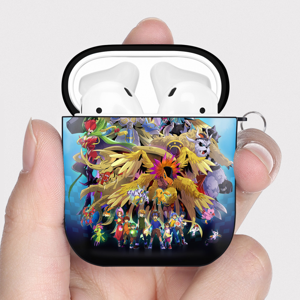 （画像用） Digimon デジタルモンスター/デジモン AirPods 第2世代保護ケース ハードシェル ブラック 耐衝撃・防指紋・カラビナ付き