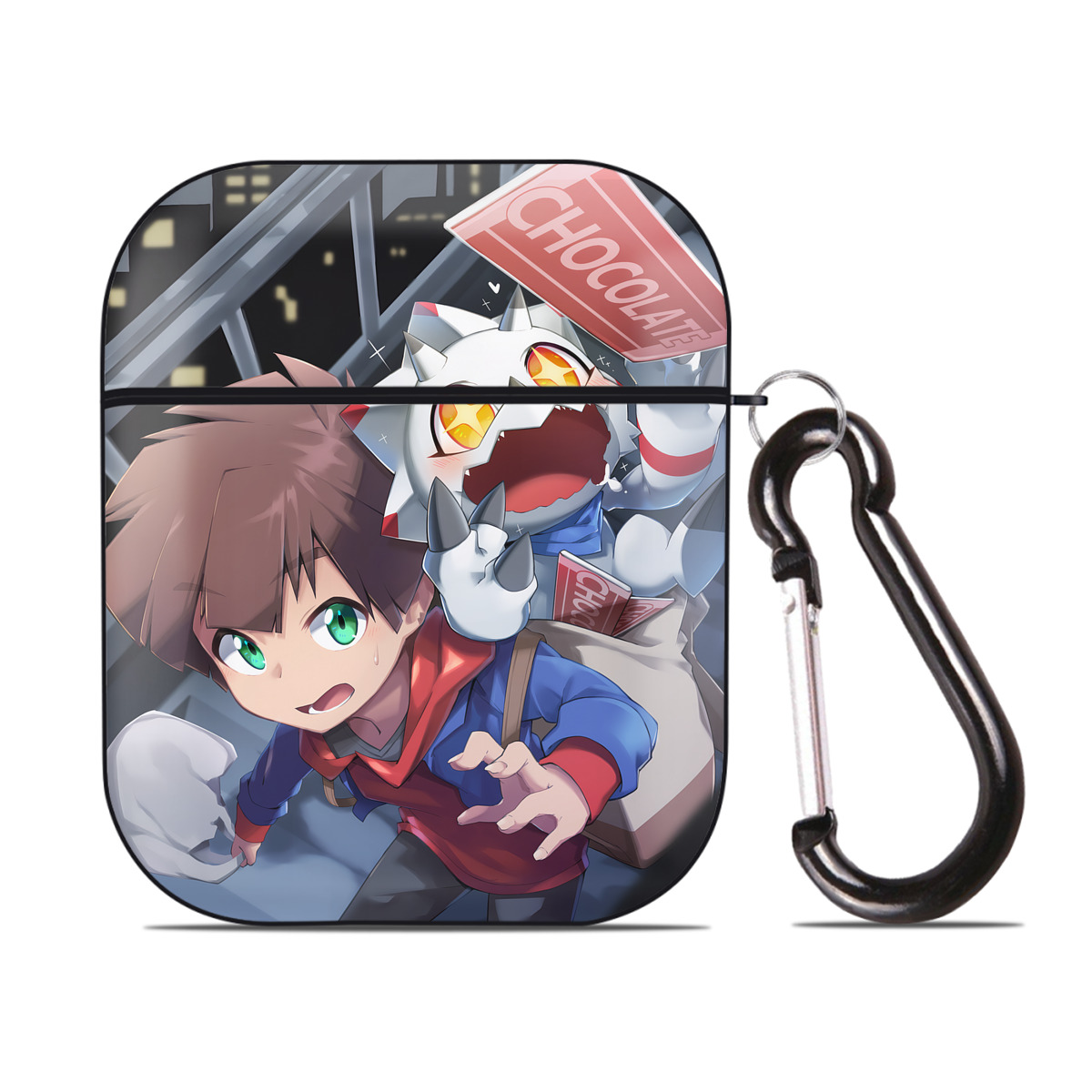 （画像用） Digimon デジタルモンスター/デジモン AirPods 第2世代保護ケース ハードシェル ブラック 耐衝撃・防指紋・カラビナ付き