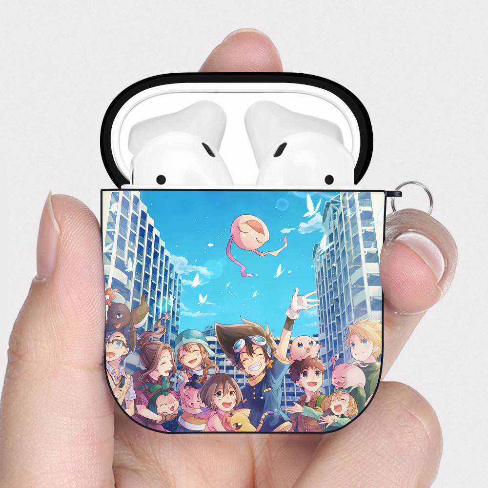 （画像用） Digimon デジタルモンスター/デジモン AirPods 第2世代保護ケース ハードシェル ブラック 耐衝撃・防指紋・カラビナ付き