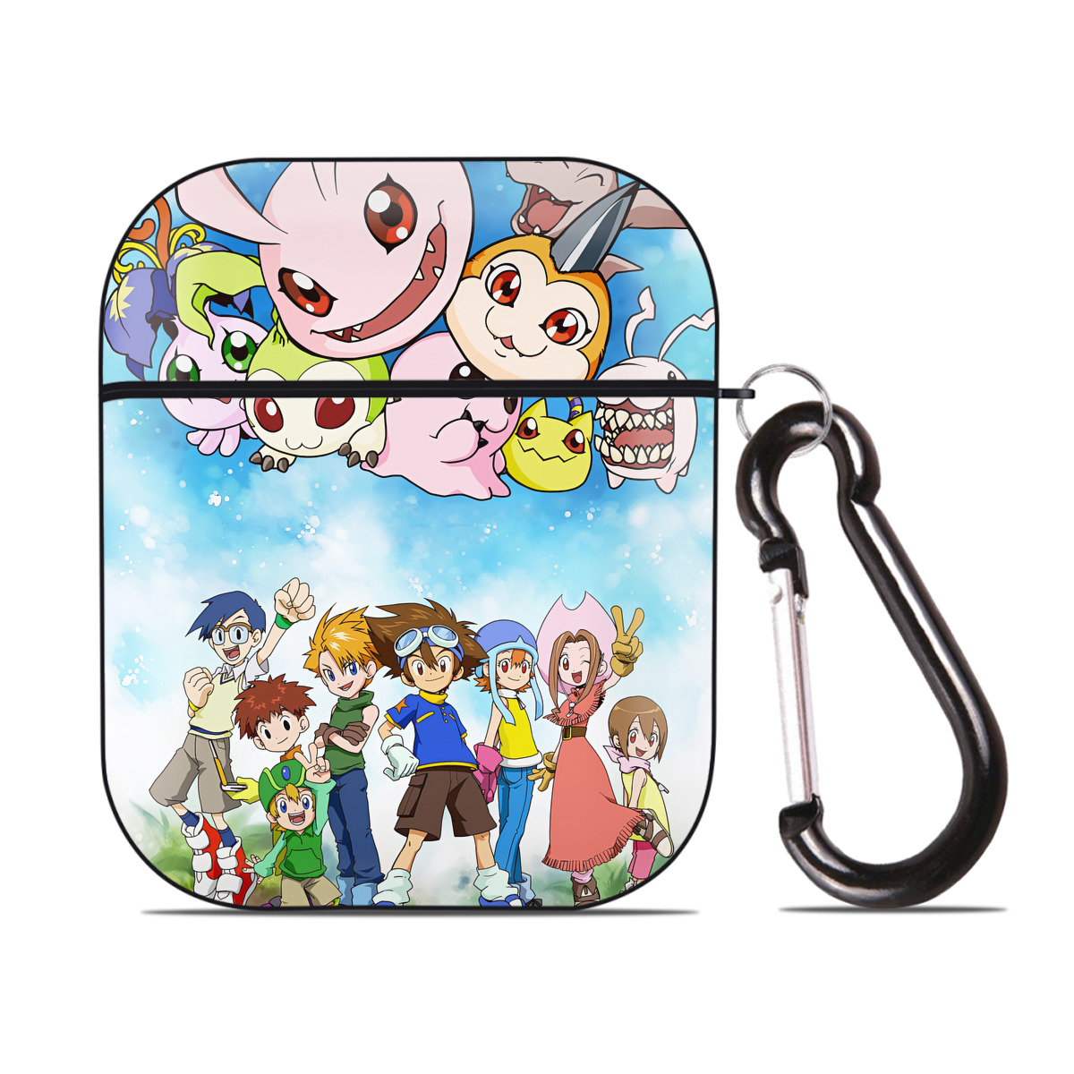 （画像用） Digimon デジタルモンスター/デジモン AirPods 第2世代保護ケース ハードシェル ブラック 耐衝撃・防指紋・カラビナ付き