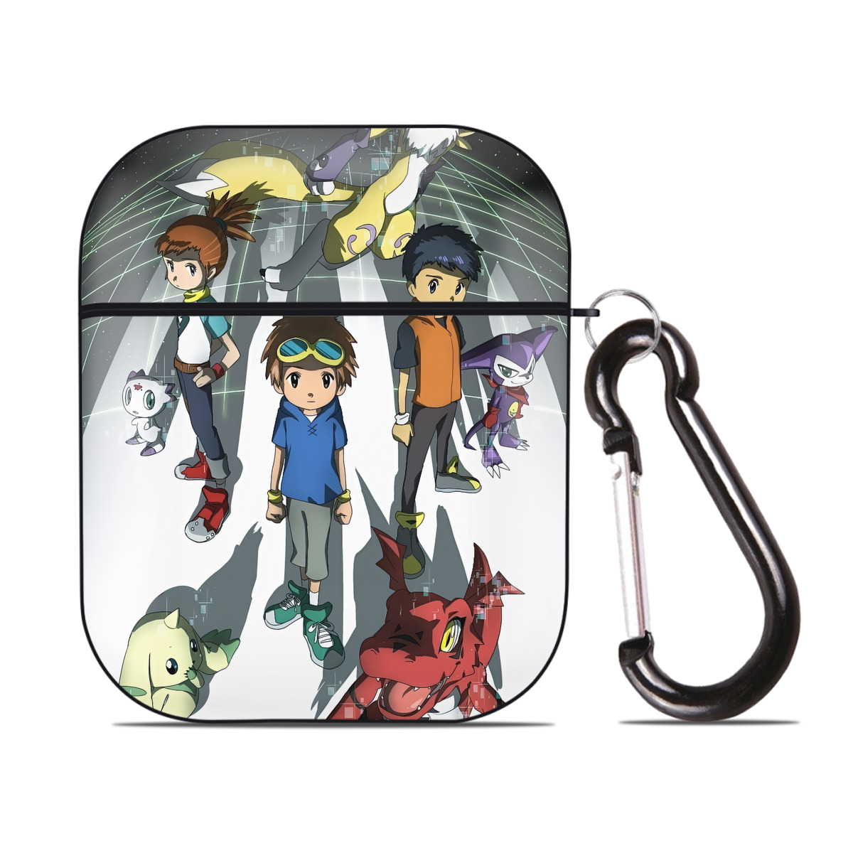 （画像用） Digimon デジタルモンスター/デジモン AirPods 第2世代保護ケース ハードシェル ブラック 耐衝撃・防指紋・カラビナ付き