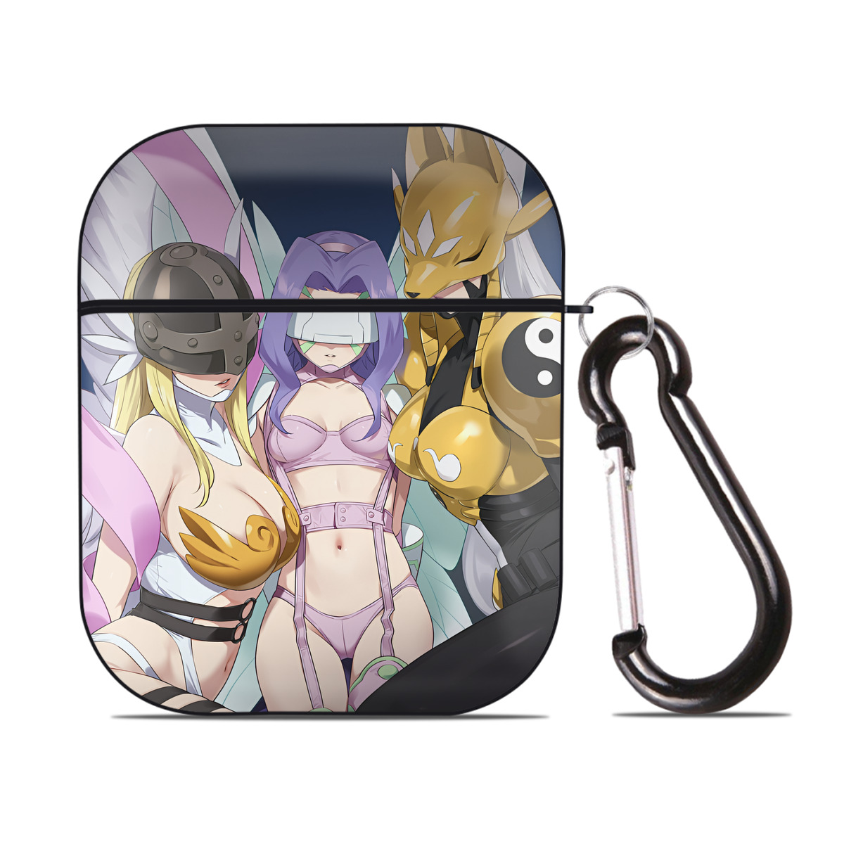 （画像用） Digimon デジタルモンスター/デジモン AirPods 第2世代保護ケース ハードシェル ブラック 耐衝撃・防指紋・カラビナ付き