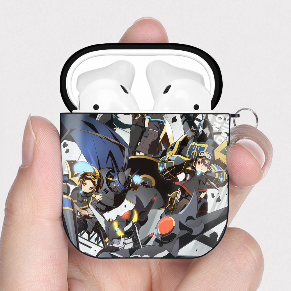 （画像用） Digimon デジタルモンスター/デジモン AirPods 第2世代保護ケース ハードシェル ブラック 耐衝撃・防指紋・カラビナ付き