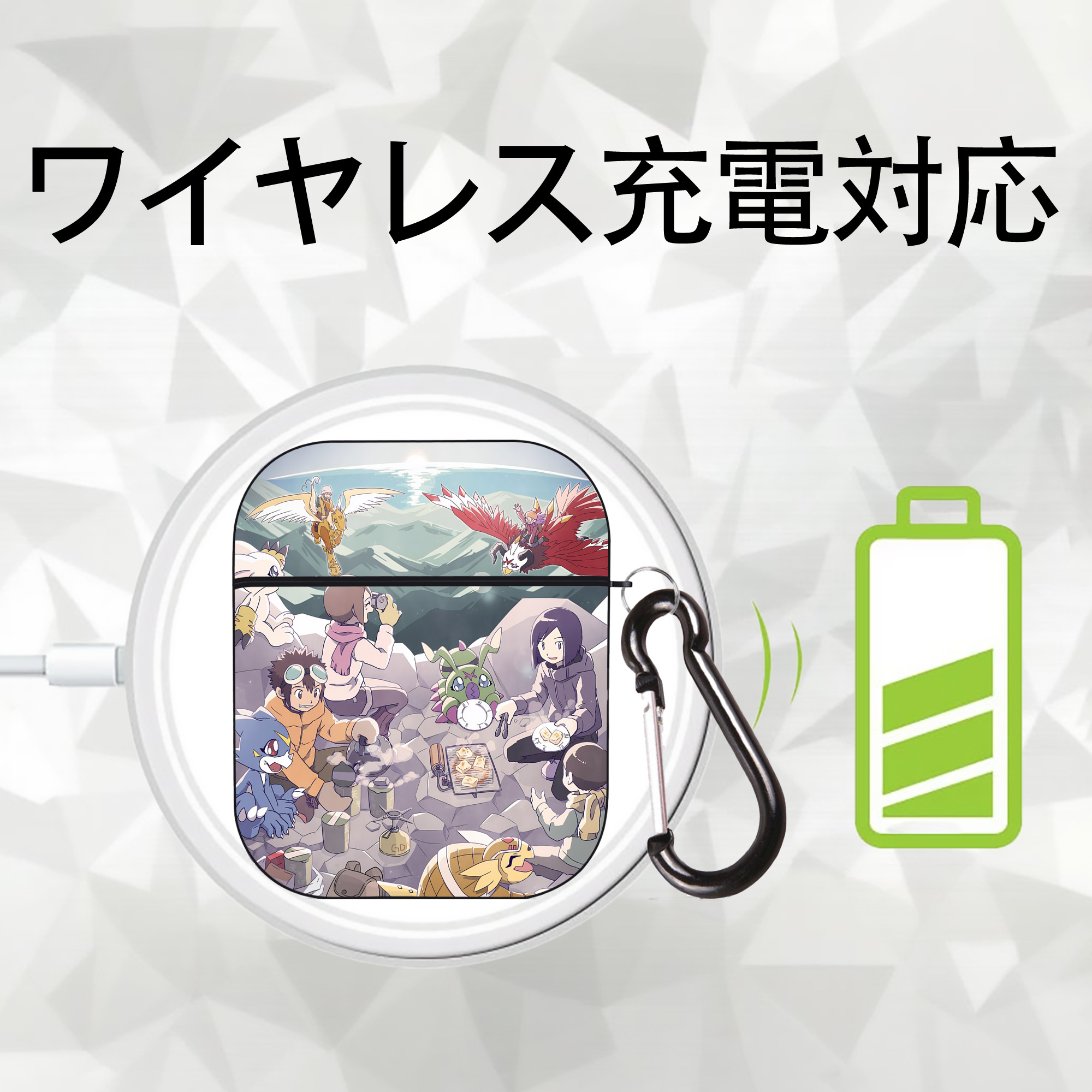Digimon デジタルモンスター/デジモン AirPods 第2世代保護ケース ハードシェル ブラック 耐衝撃・防指紋・カラビナ付き