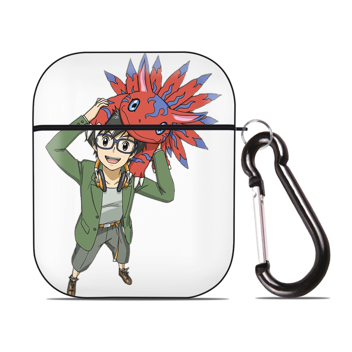 （画像用） Digimon デジタルモンスター/デジモン AirPods 第2世代保護ケース ハードシェル ブラック 耐衝撃・防指紋・カラビナ付き