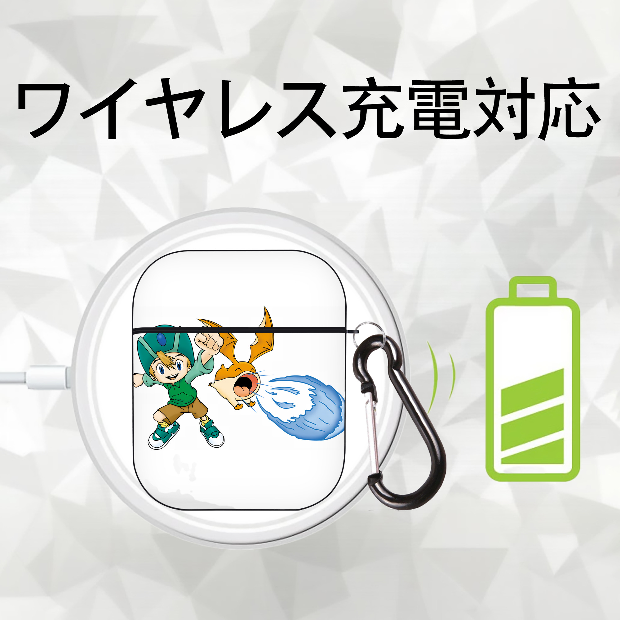 Digimon デジタルモンスター/デジモン AirPods 第2世代保護ケース ハードシェル ブラック 耐衝撃・防指紋・カラビナ付き